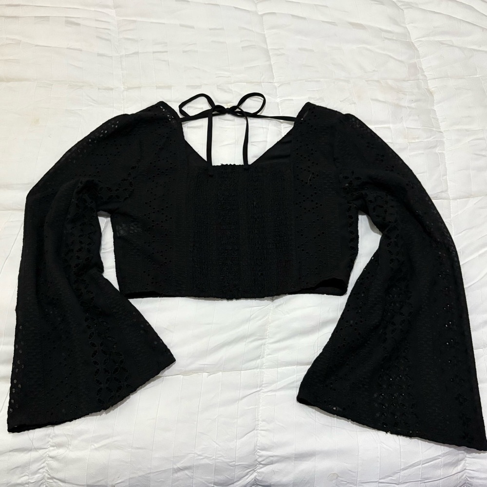 Black Eyelet Bell Sleeve Croptop